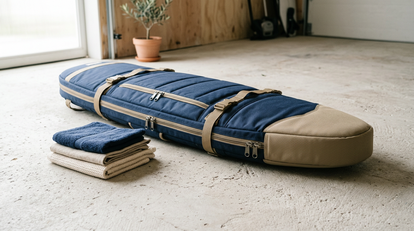 Padded surfboard travel bag with compression straps and reinforced nose block on a concrete floor