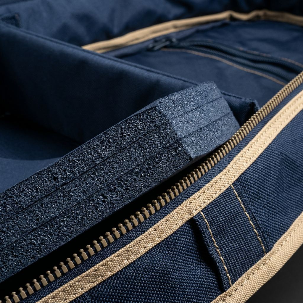 Macro view of closed-cell foam padding thickness and heavy duty zipper inside a surfboard travel bag