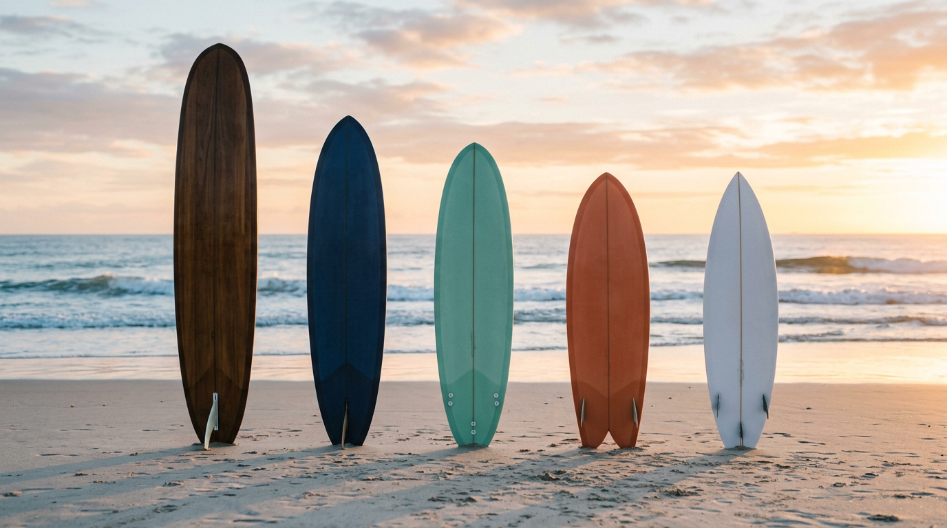 Five surfboards standing upright on wet sand at sunrise showing longboard, midlength, funboard, fish and shortboard outlines side by side
