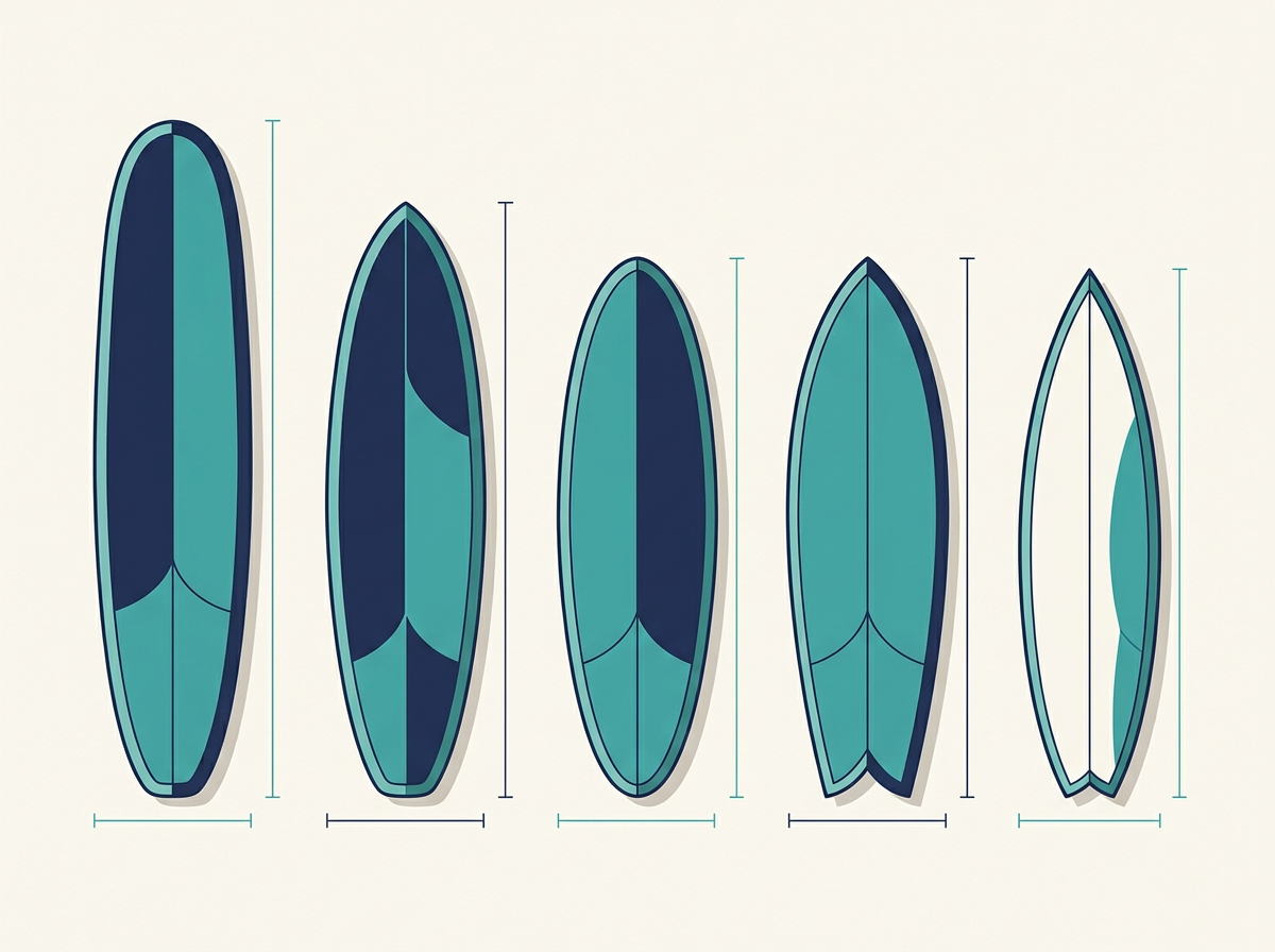 Overhead outline diagram comparing longboard, midlength, funboard, fish and shortboard shapes with length and width guide lines