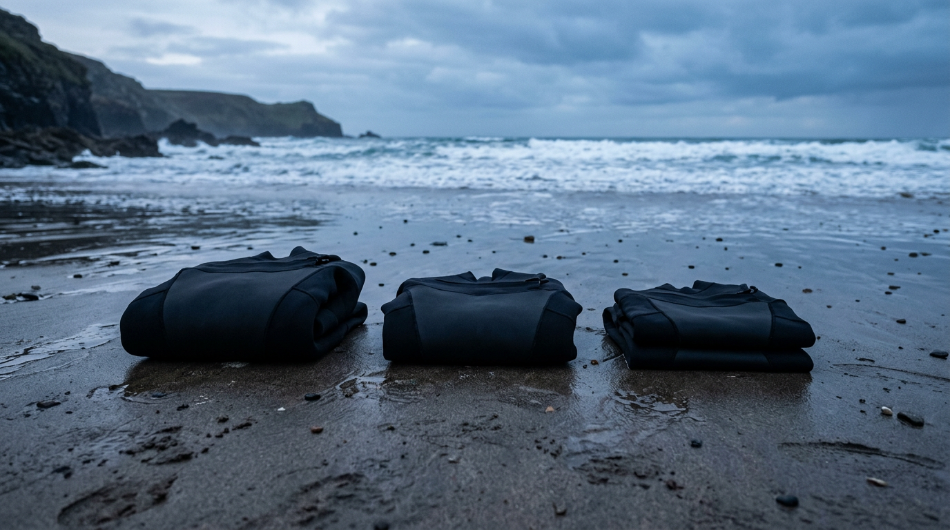 Three surf wetsuits of different neoprene thicknesses folded on wet sand at dawn