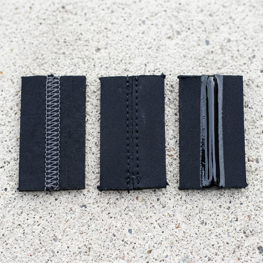 Flat stitched, glued and blind stitched, and liquid taped neoprene wetsuit seam samples side by side