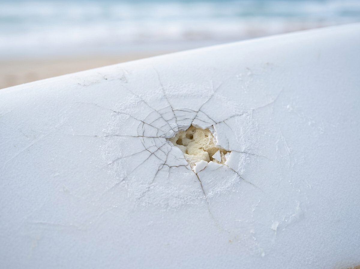 Macro close-up of a cracked surfboard ding with spiderweb cracks and exposed foam core