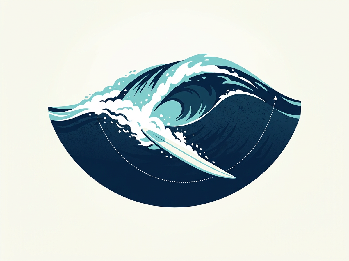 Diagram of a surfboard duck diving under a cross-section of a breaking wave with a dotted arc showing the path down and back up