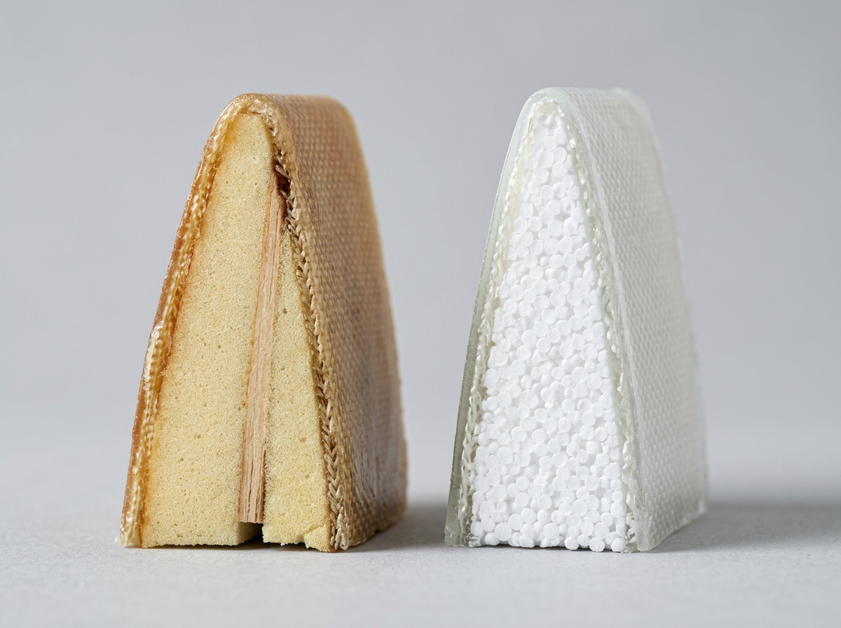 Cross sections of a polyurethane surfboard core and an EPS foam core side by side