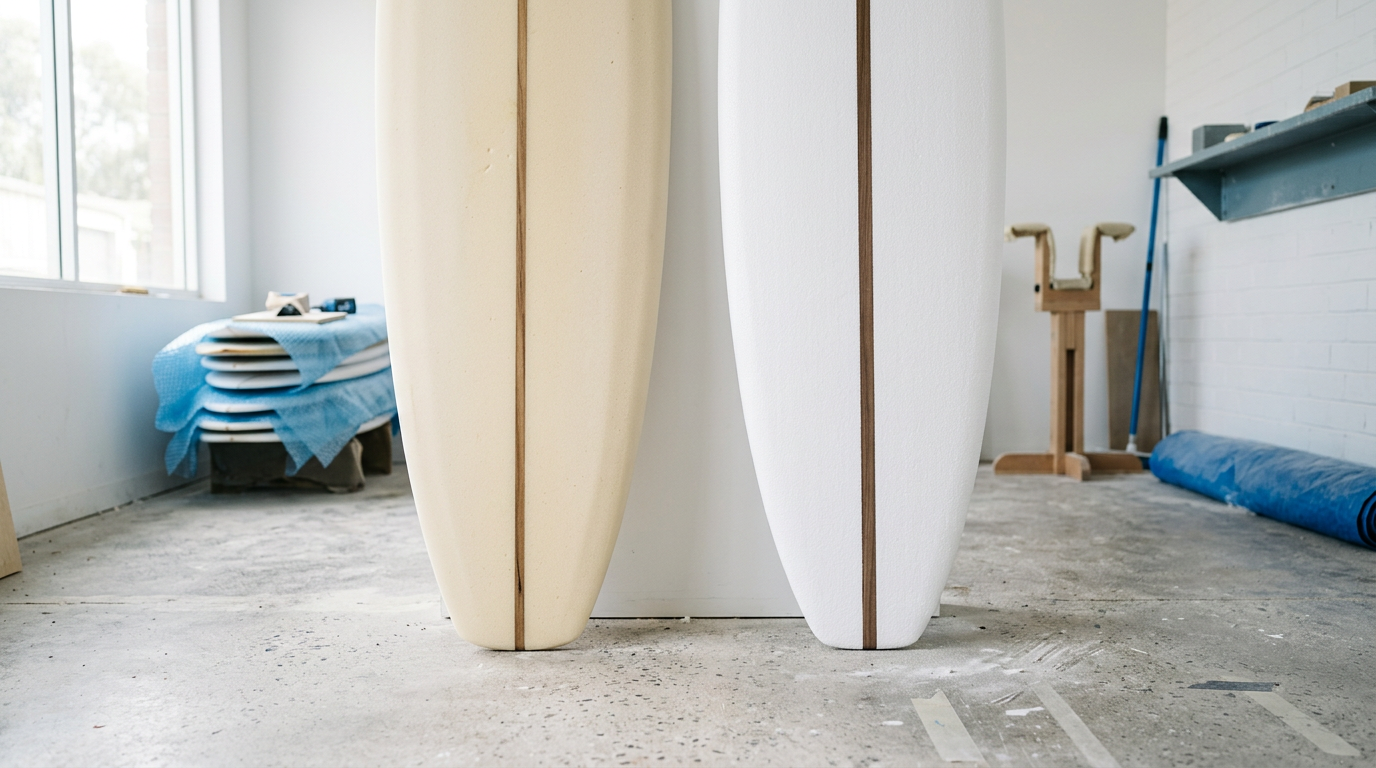 Cream polyurethane surfboard blank beside a white EPS foam blank in a shaping bay