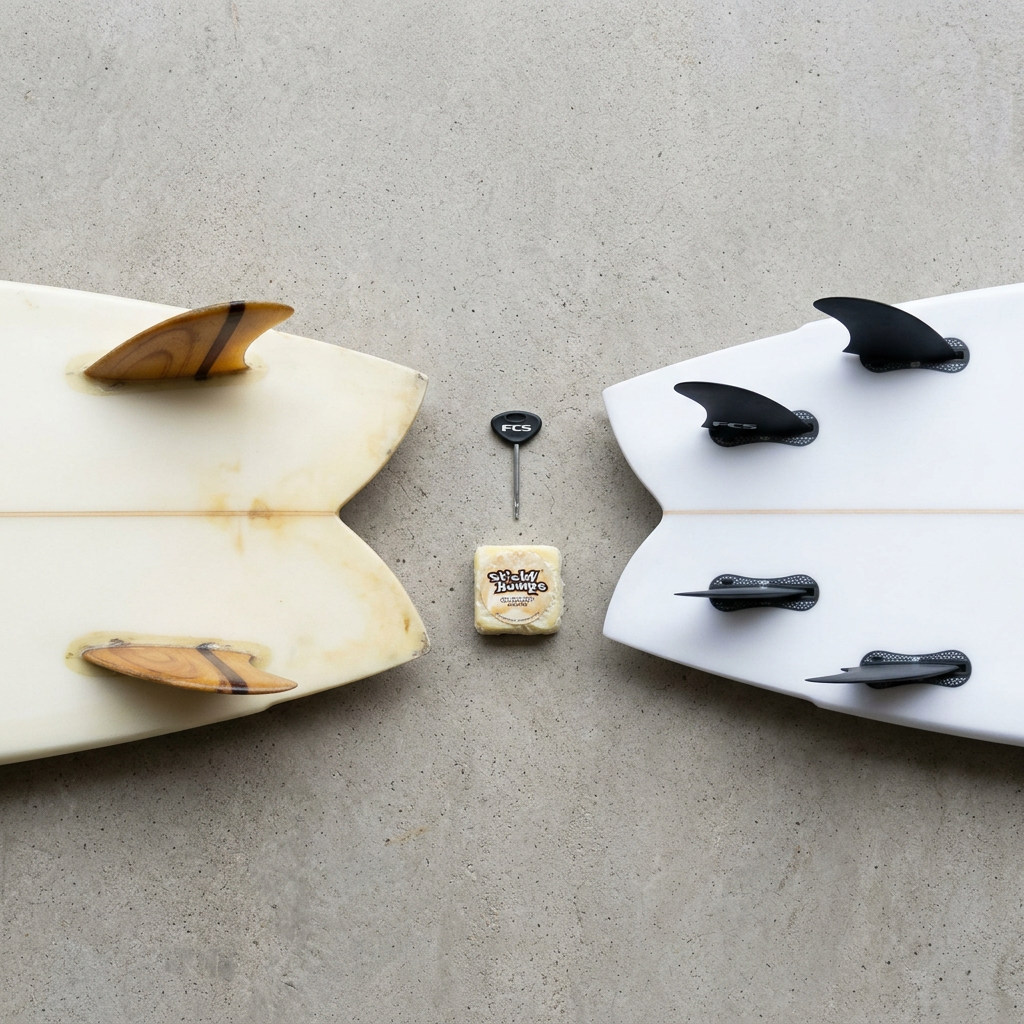 Retro fish swallow tail with wooden keel fins beside a modern quad fish tail with four fins on concrete