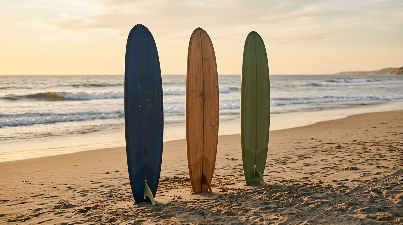 Three longboard surfboards standing upright in beach sand at sunset