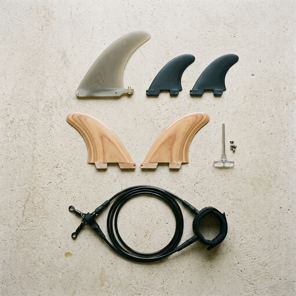 Mid length surfboard fin options laid out on concrete: single centre fin, side bites, twin keels, fin key and leash