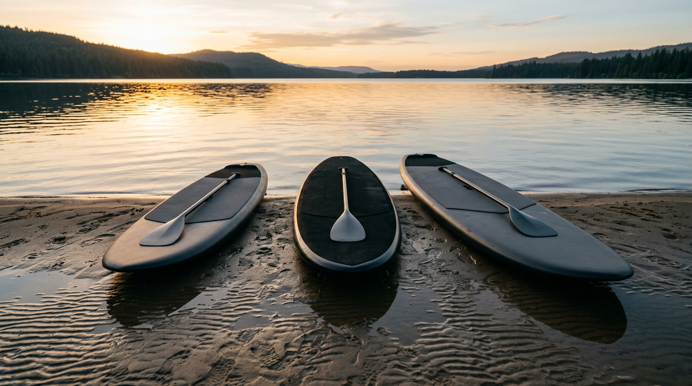 Three stand up paddle boards of different lengths lined up on a lake shore at sunset