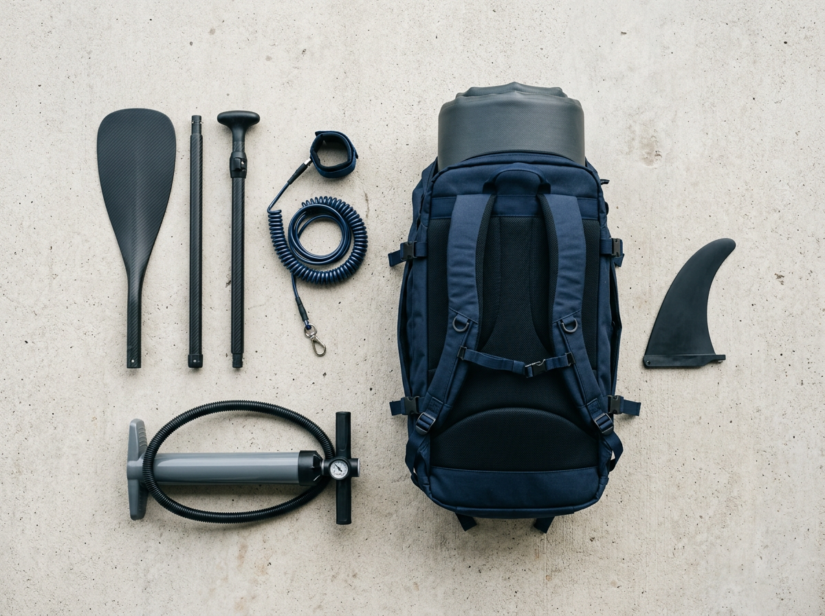 Flat lay of paddle board gear including adjustable paddle, coiled leash, fin, hand pump and roll-up backpack