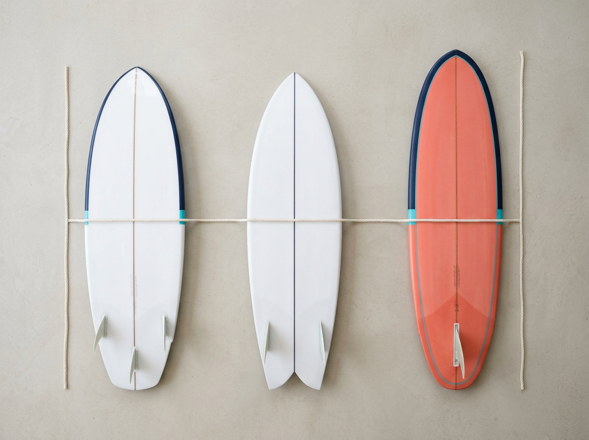 Top-down comparison of groveler, fish and mid-length small-wave surfboard outlines