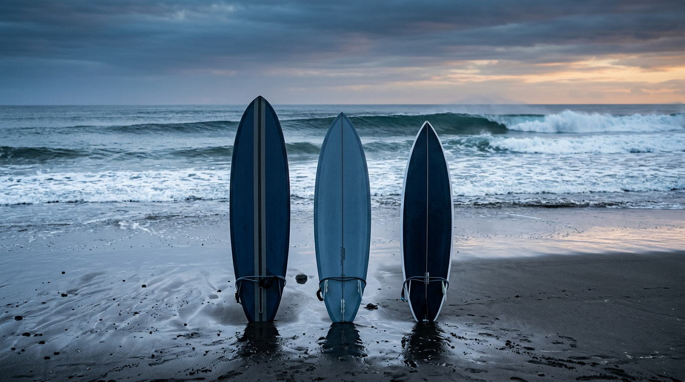 Three step up surfboards with pulled round pin tails standing in wet sand in front of overhead swell