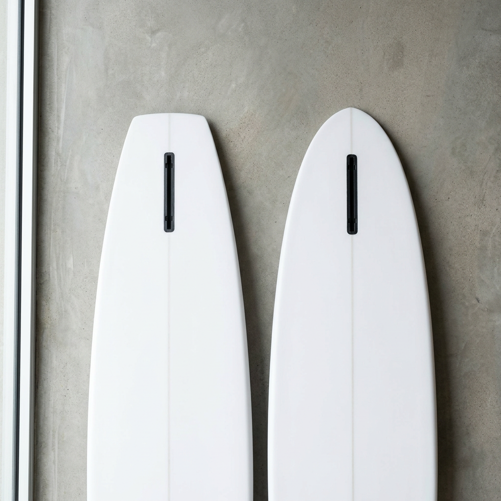 Squash tail and round pin tail surfboard outlines compared side by side on grey concrete