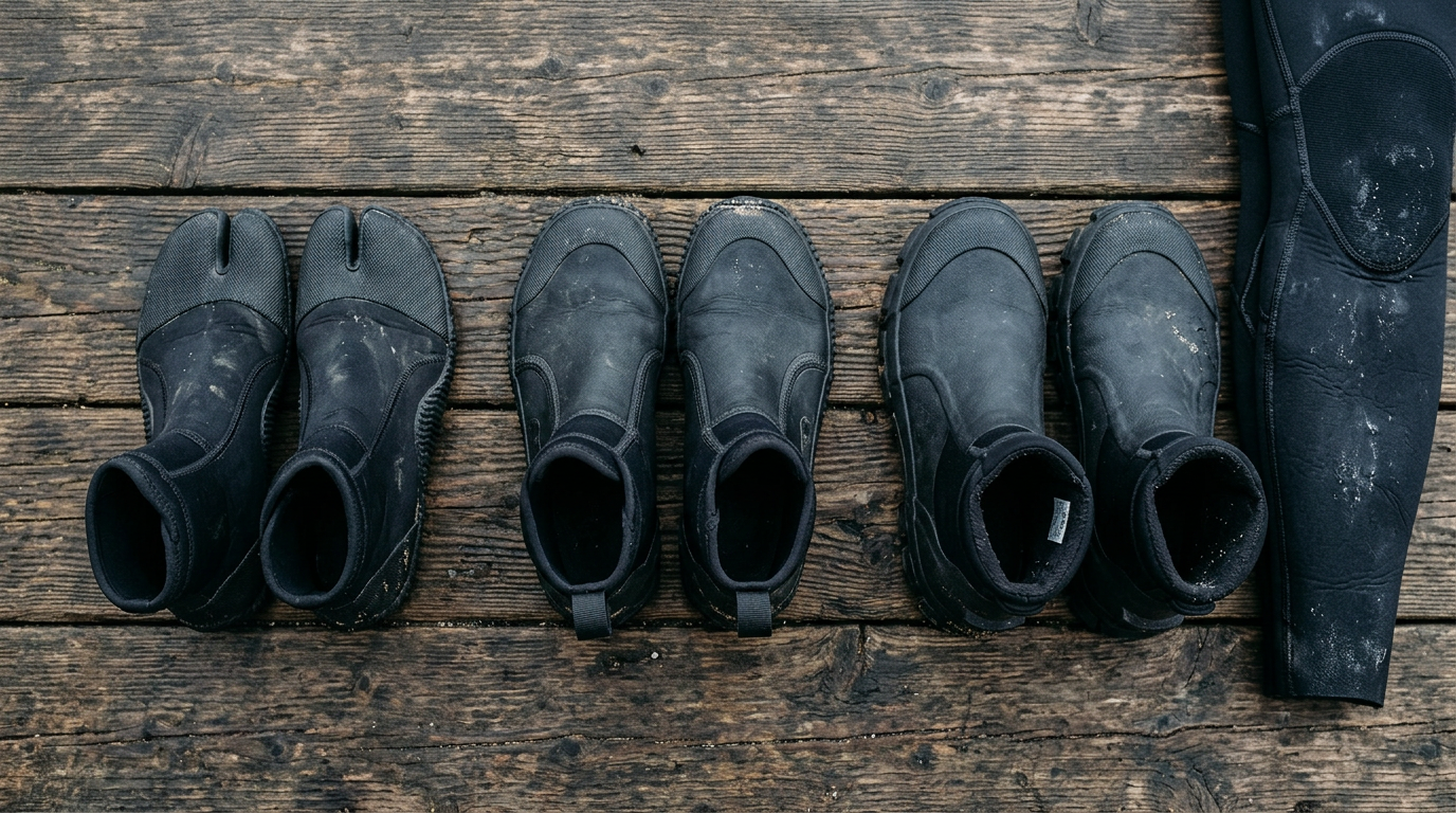 Three pairs of black surf booties in different toe styles and thicknesses laid out on weathered wood beside a wetsuit leg