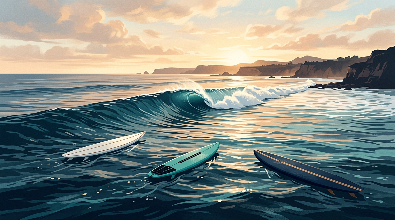 Empty surf lineup at golden hour with a clean right-hand wave peeling and three unoccupied surfboards floating in staggered positions
