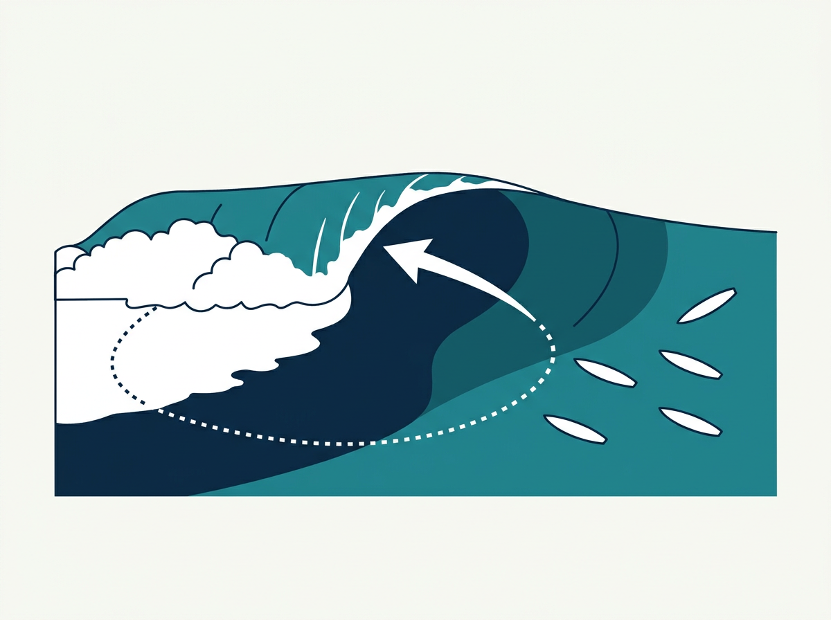 Diagram of a peeling wave with an arrow marking the peak and a dotted line showing the paddle-out channel around the whitewater
