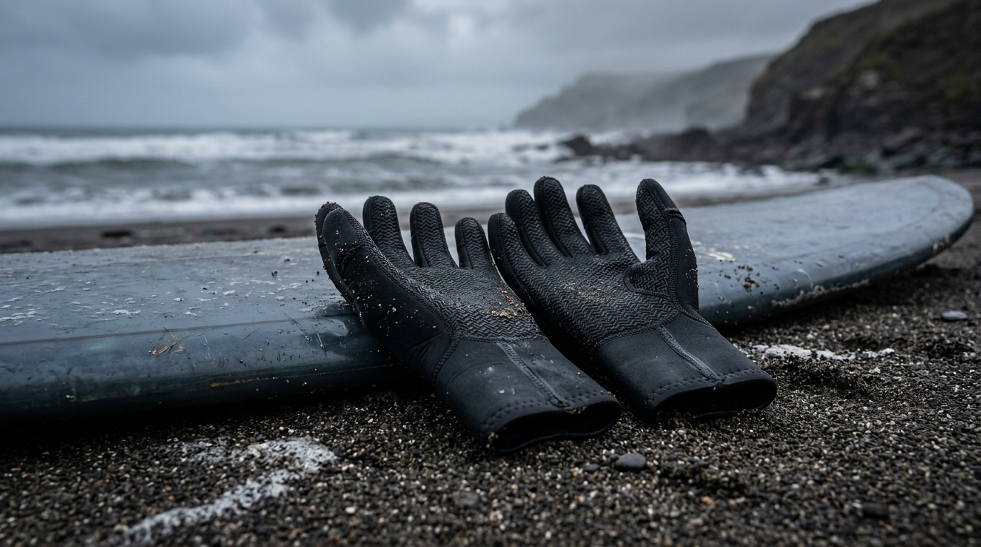 Pair of black neoprene surf gloves with textured grip palms resting on wet sand beside a surfboard rail