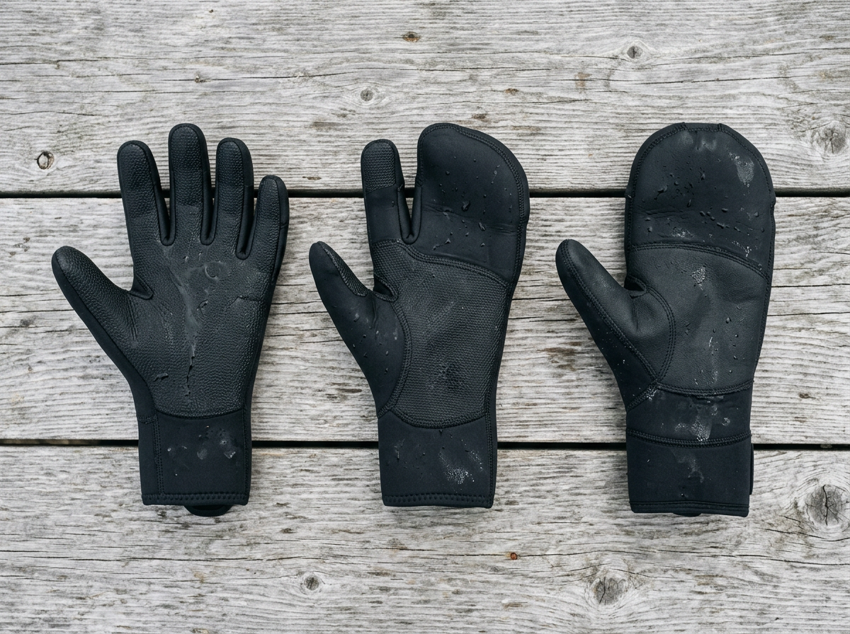 Three surf glove styles laid out on weathered wood: a five finger glove, a three finger lobster claw and a mitten