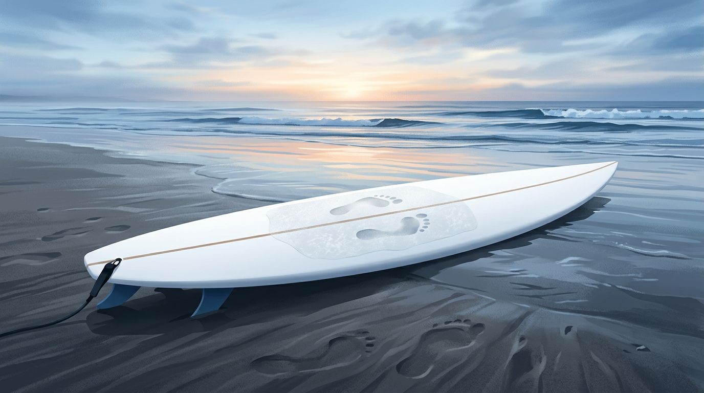 White surfboard on wet sand at sunrise showing front and back foot placement on the centre stringer