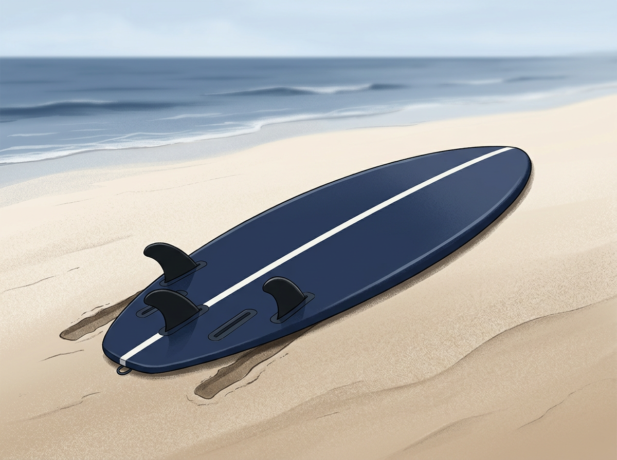 Navy surfboard resting on sand with a groove dug for the fins, set up for dry land pop-up practice