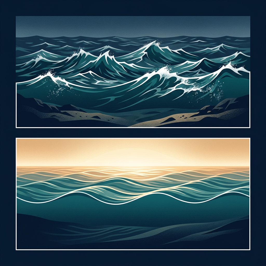 Illustration comparing choppy short-period wind swell above with smooth evenly spaced long-period groundswell below