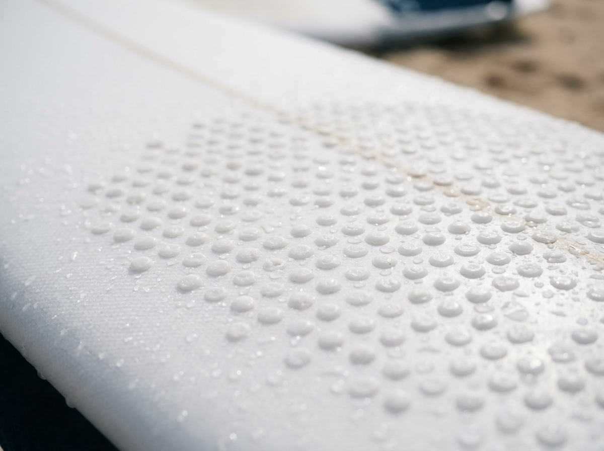 Close-up of evenly formed surf wax bumps on a white surfboard deck