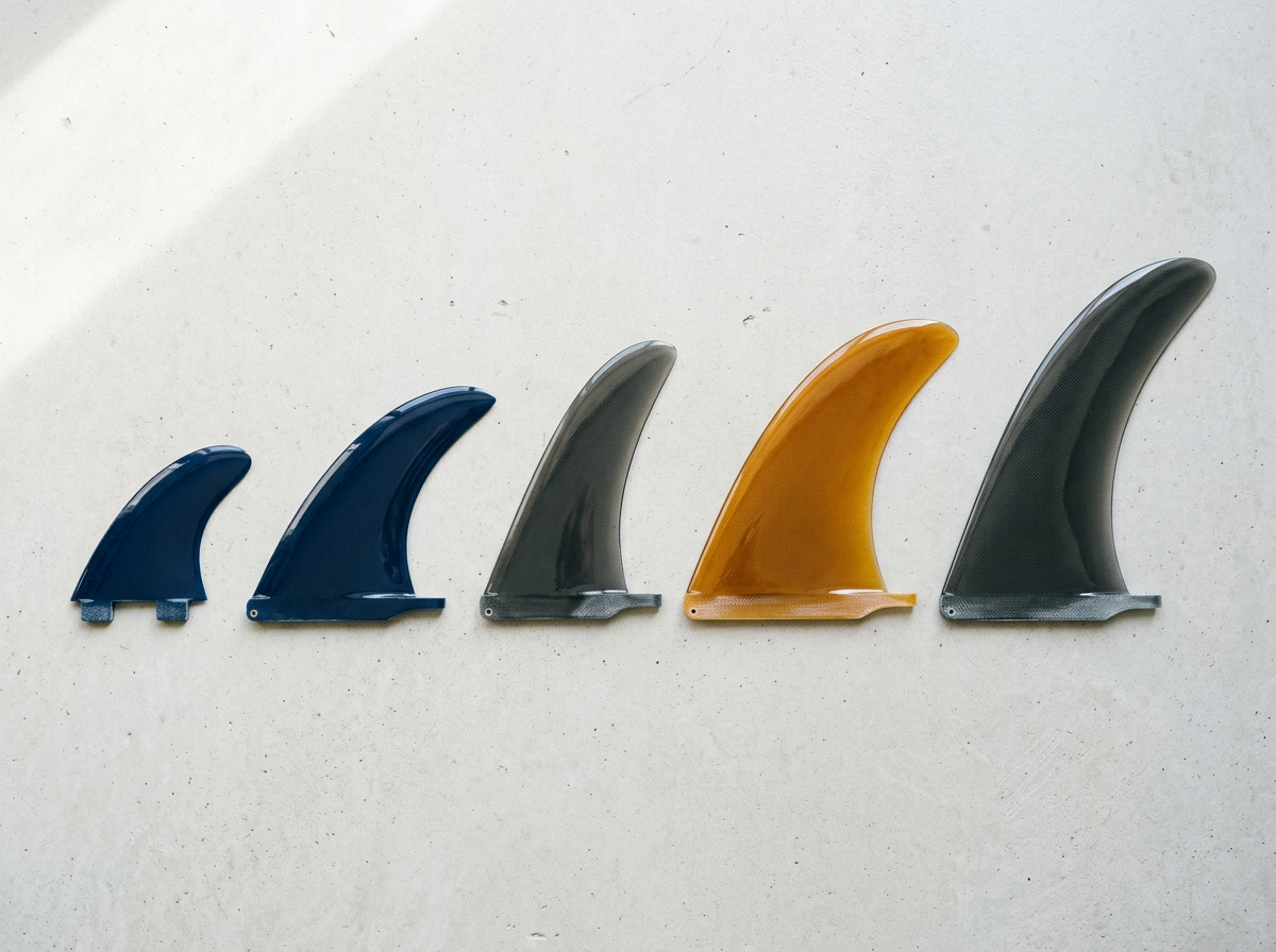 Five surfboard fin templates compared side by side, from small quad rear to tall longboard single fin