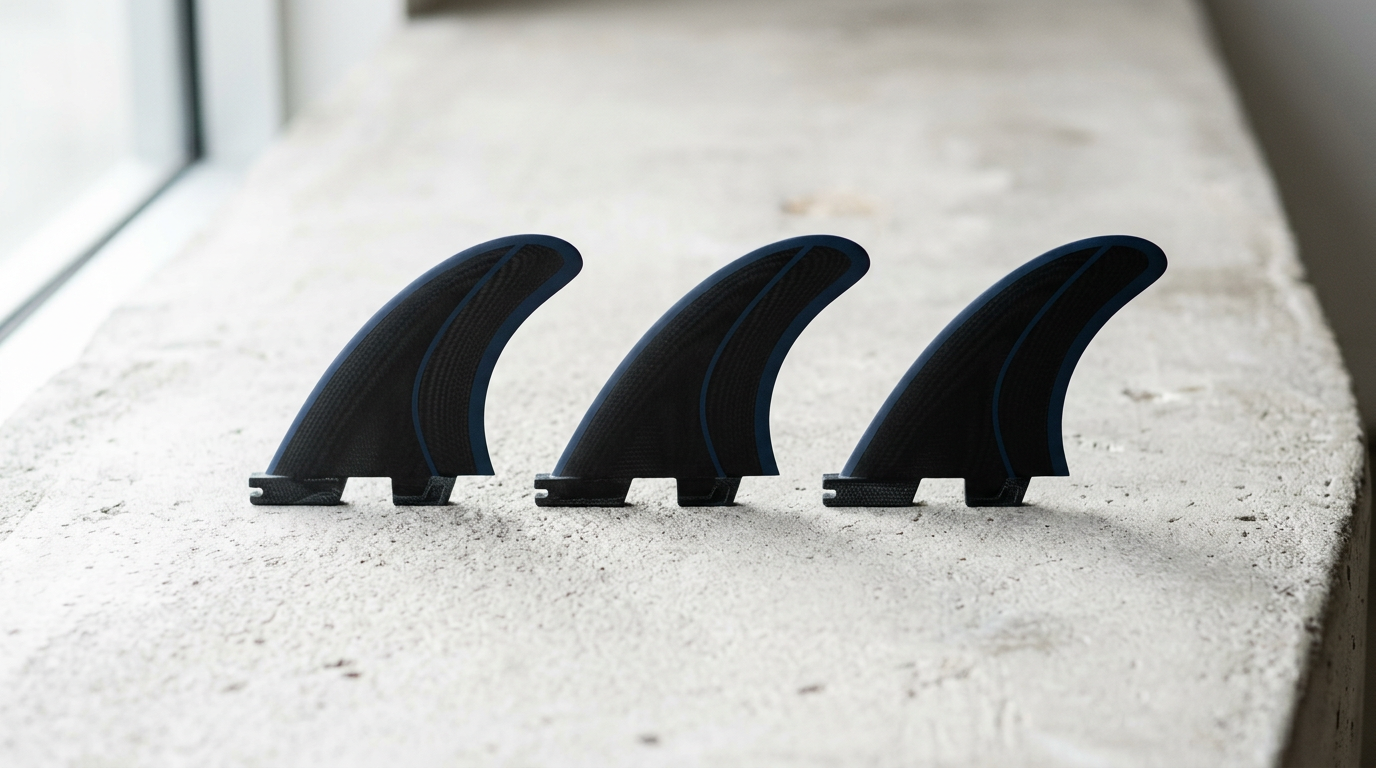 Thruster surfboard fin set laid on concrete