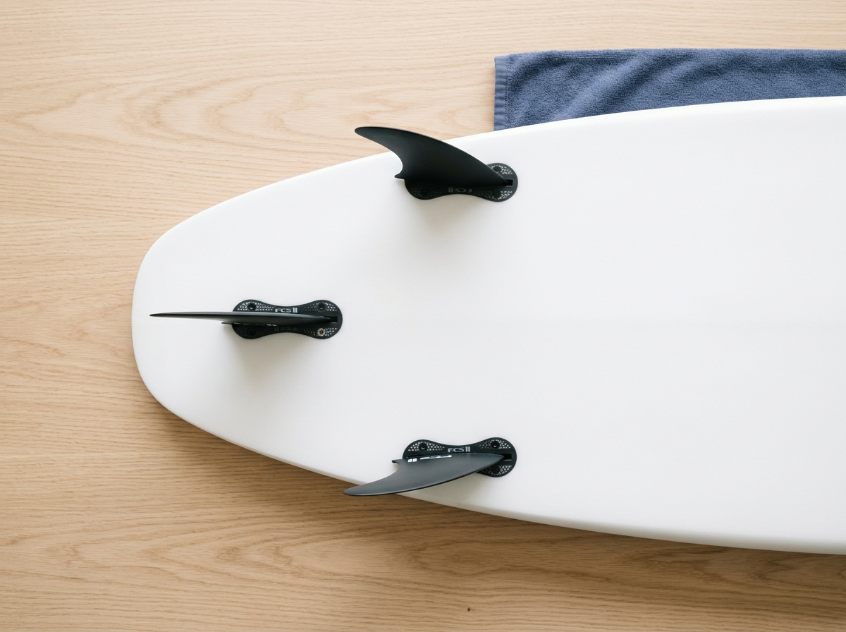 Overhead view of a surfboard tail showing FCS II thruster fin setup