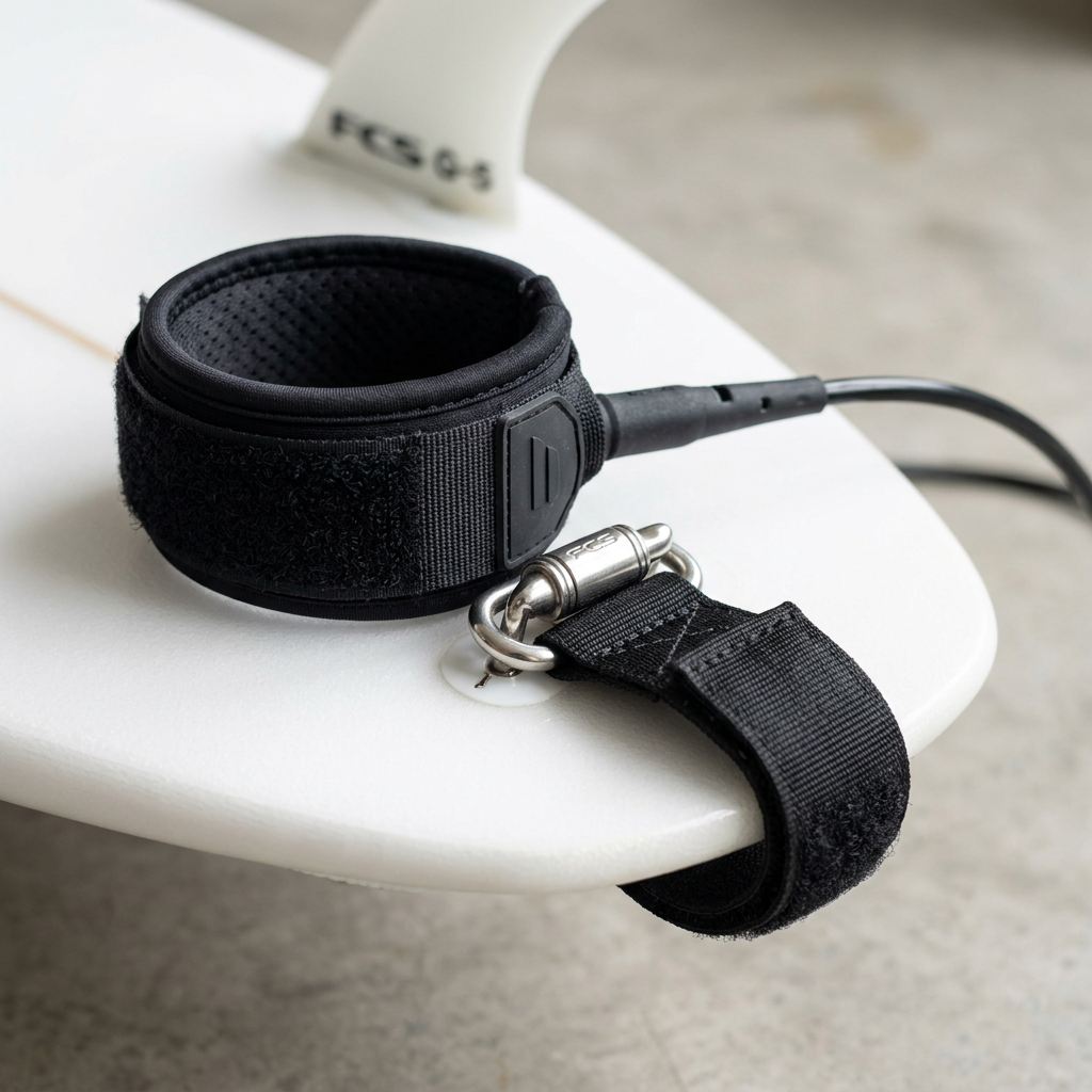 Surfboard leash ankle cuff with padded neoprene strap, velcro closure, stainless swivel and rail saver threaded through a leash plug