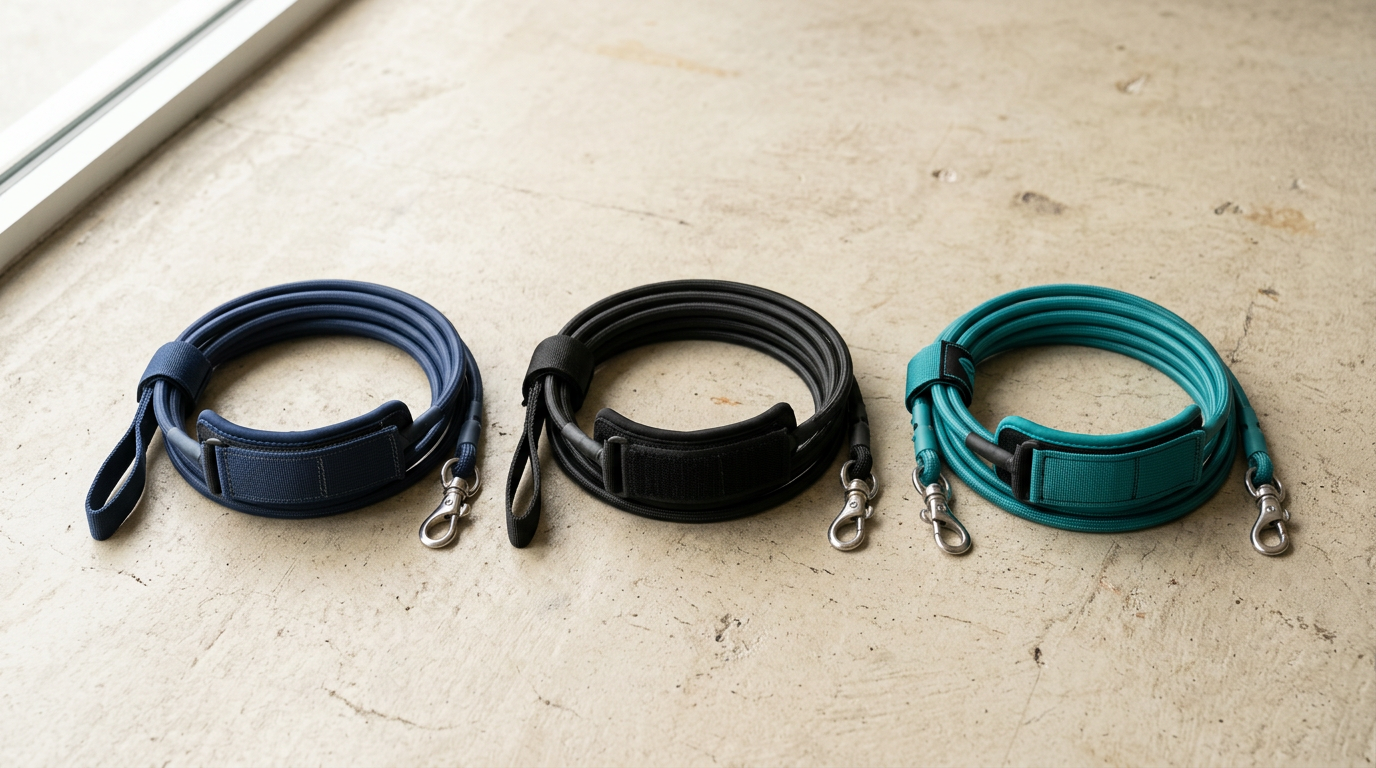 Three coiled surfboard leashes in navy, black and teal with swivels, rail savers and ankle cuffs