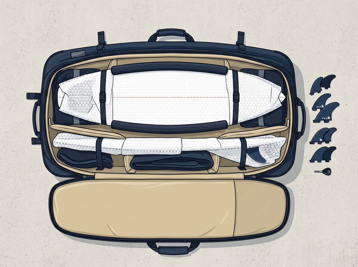 Open surfboard travel bag packed with two wrapped boards, removed fins and a fin key laid alongside