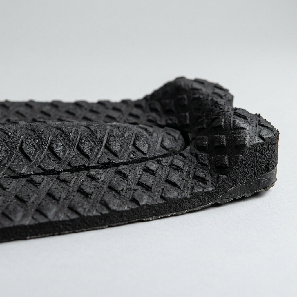 Close-up of the arch bar and raised kick tail on a black EVA surfboard traction pad