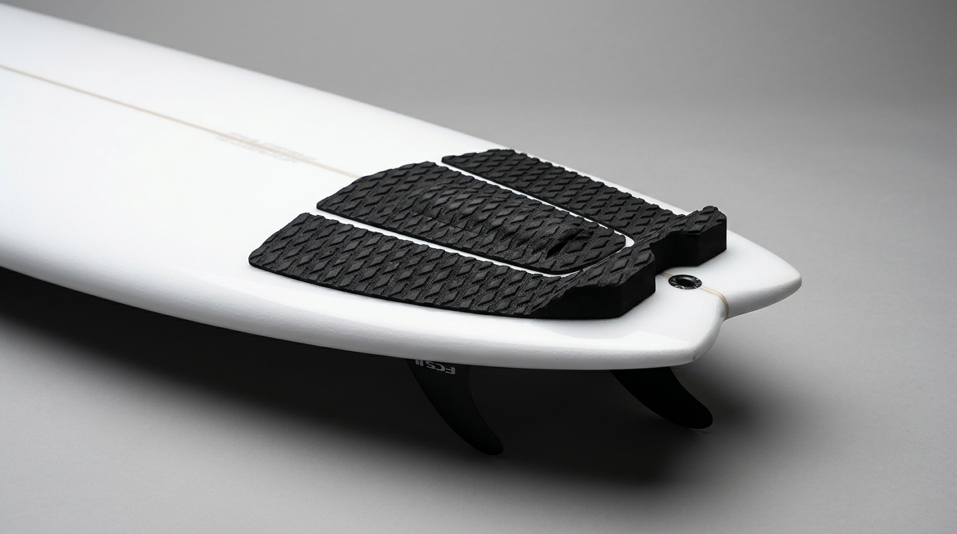 Three piece black surfboard traction pad fitted to the tail of a white surfboard with a raised kick