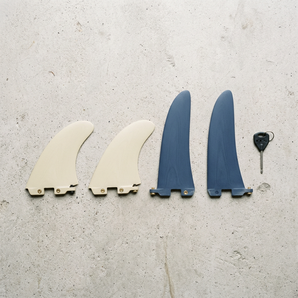Keel twin fins and upright twin fins laid side by side on concrete with a fin key