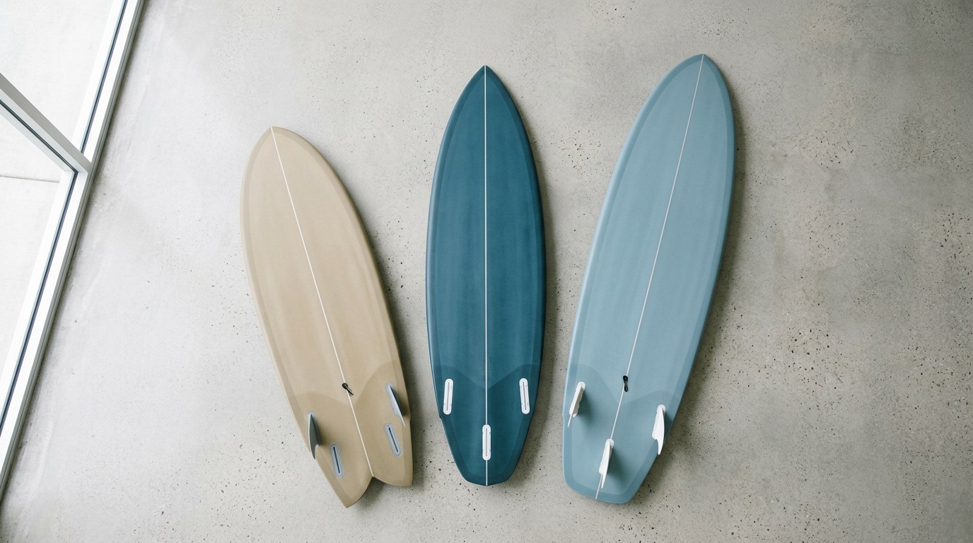 Three shortboards of different sizes and volumes arranged side by side