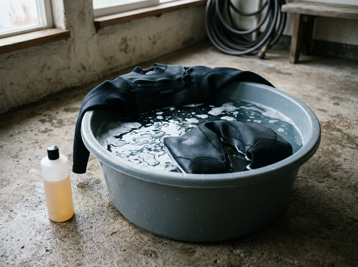 Black neoprene wetsuit soaking in a tub of cool fresh water with wetsuit shampoo