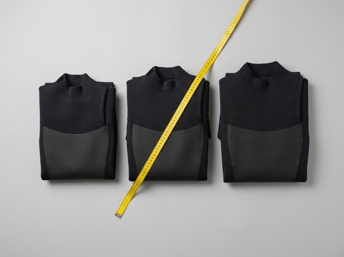 Three folded black surf wetsuits in different sizes with a measuring tape laid across them
