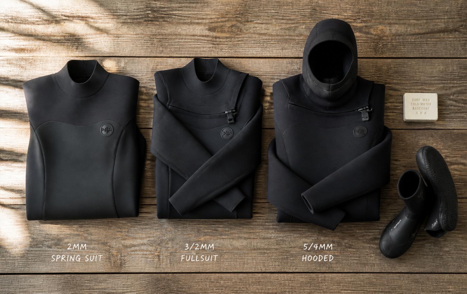 Neoprene thickness lineup — 2 mm spring suit, 3/2 mm fullsuit and 5/4 mm hooded suit compared side by side