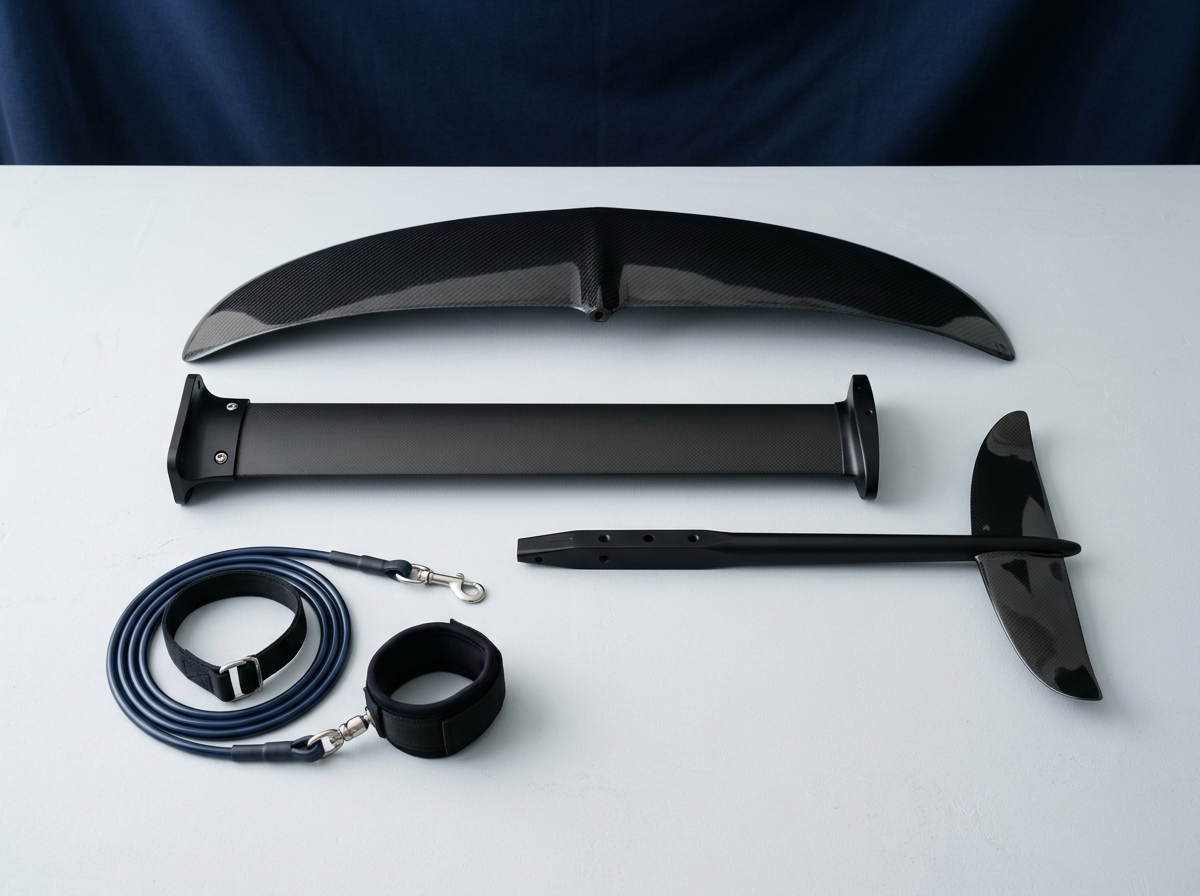 Hydrofoil front wing, mast, fuselage, stabiliser and leash laid out for a beginner wing foil setup