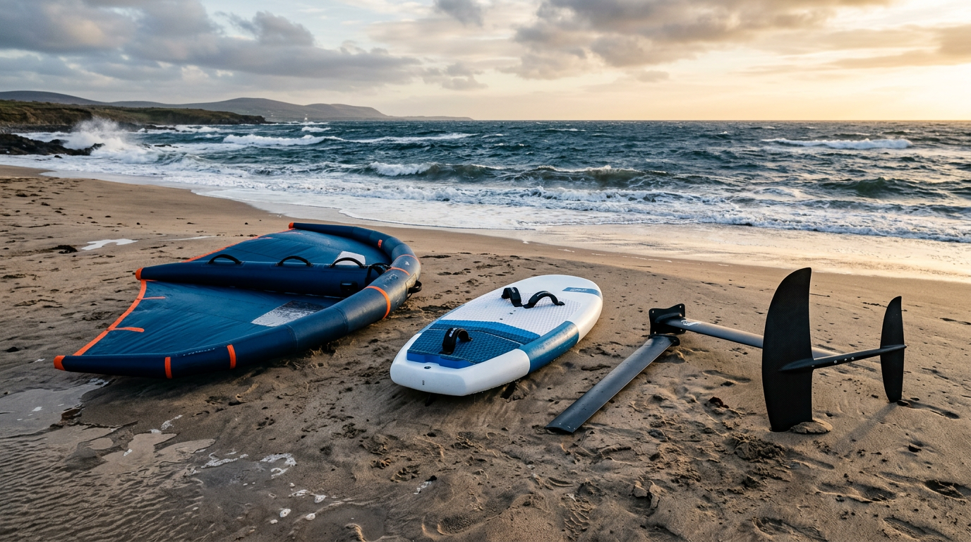 Wing foil board, inflatable hand wing and carbon hydrofoil laid out on wet sand at a windy beach