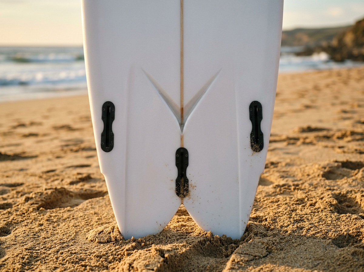 Close-up of a swallow tail surfboard showing the V notch and three fin boxes